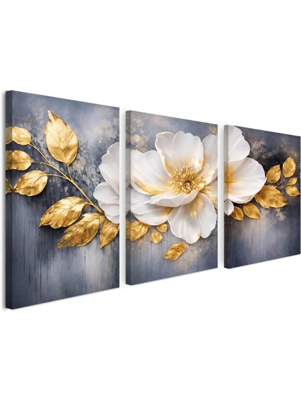 Set of 3 Gold & White Floral Canvas Prints - 16x20 Wall Art for Home Decor
